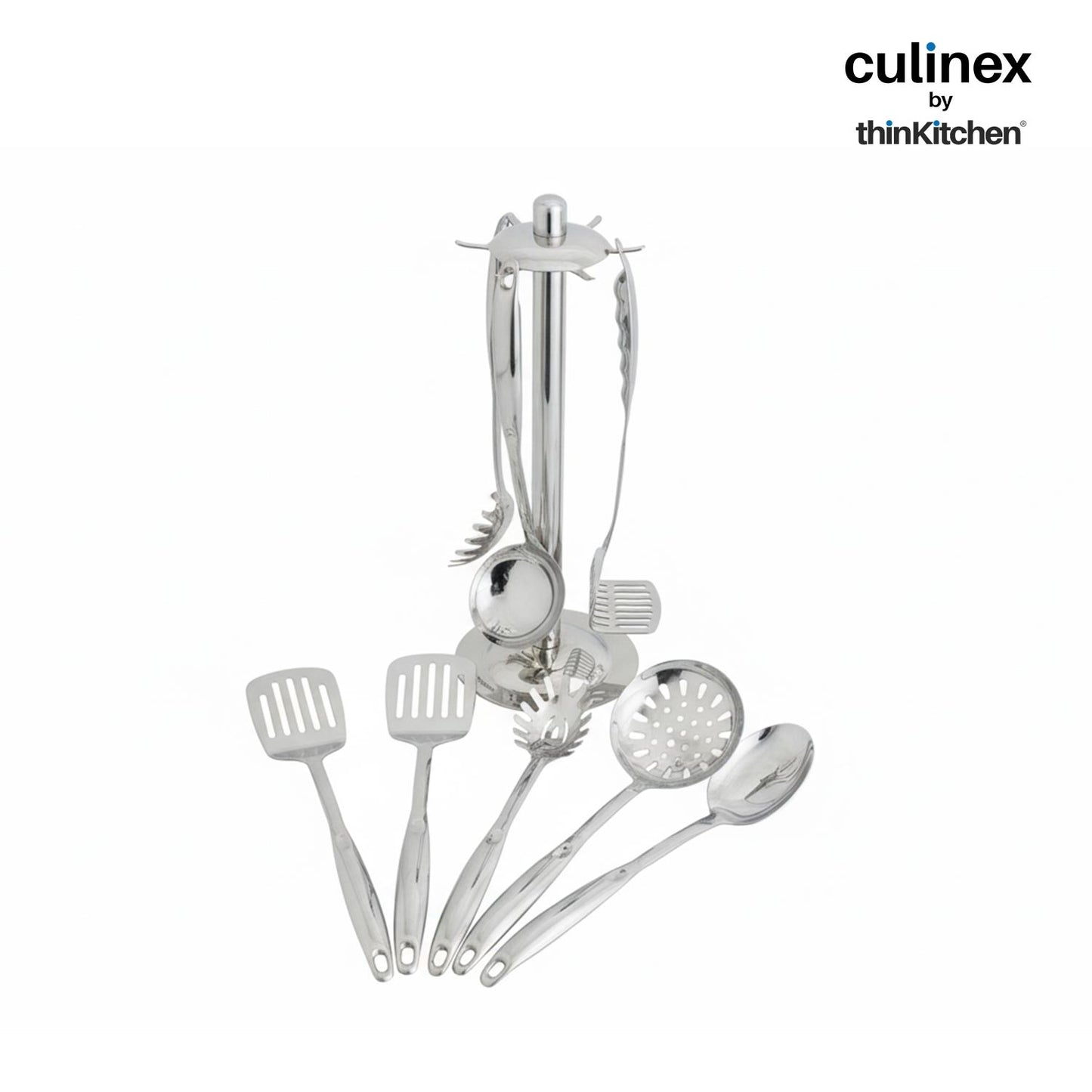 Culinex by thinKitchen 7-Piece Kitchen Tool Set | Stainless Steel Cooking Utensils with Stand | Includes Ladle, Pasta Server, Potato Masher, Skimmer, Slotted Turner & Serving Spoon