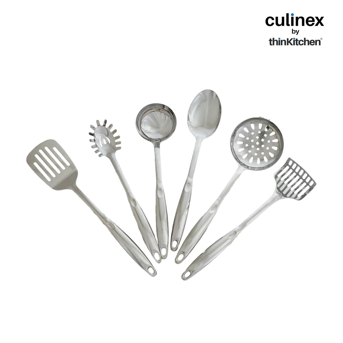 Culinex by thinKitchen 7-Piece Kitchen Tool Set | Stainless Steel Cooking Utensils with Stand | Includes Ladle, Pasta Server, Potato Masher, Skimmer, Slotted Turner & Serving Spoon