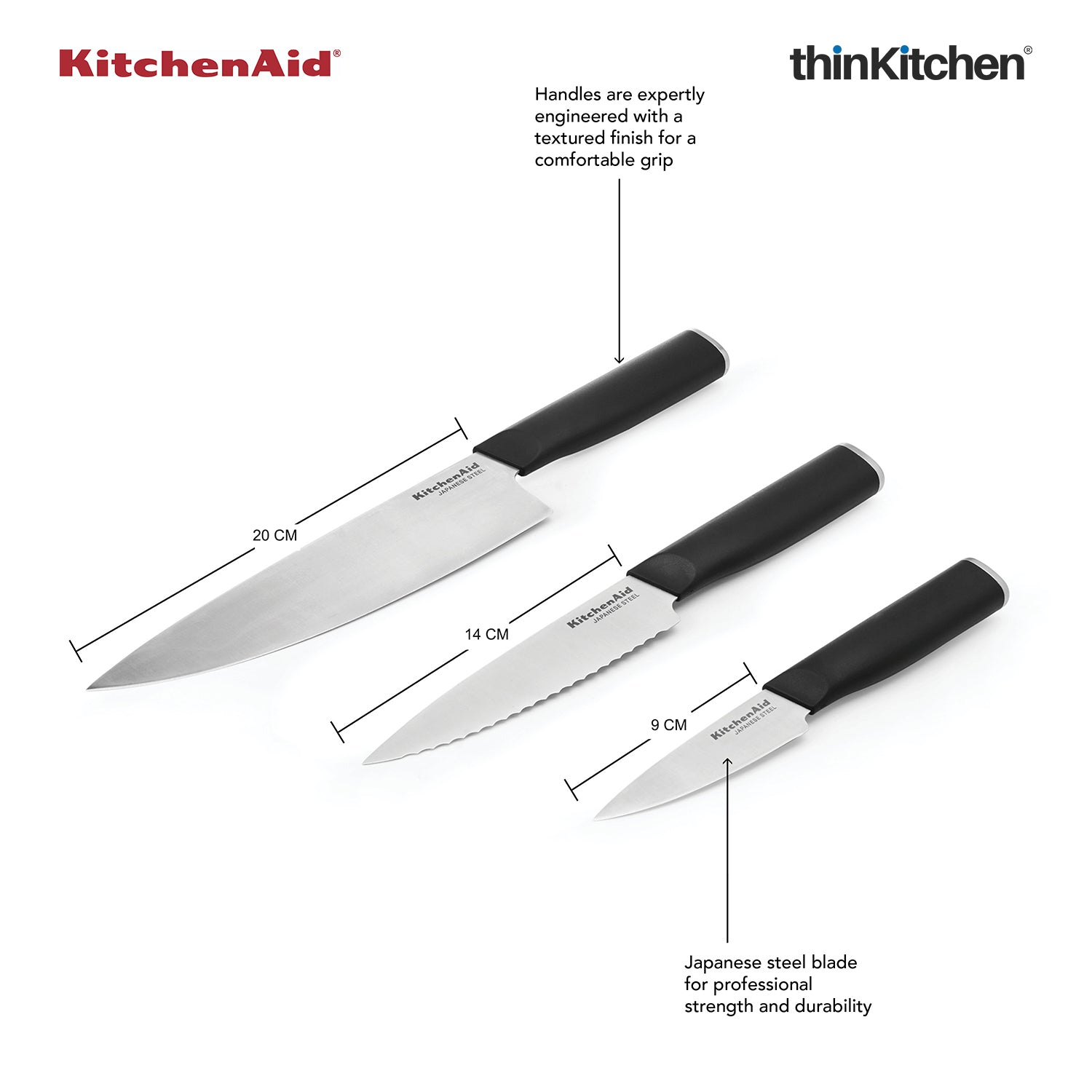 KitchenAid Classic 3-Piece Sharp Japanese Knife Set with Blade Covers – Chef, Utility & Paring Knives - 3