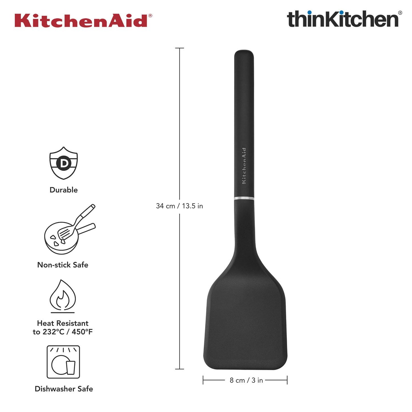 KitchenAid Solid Turner, Matte Black, Heat Resistant Cooking Utensil, Non-Stick Safe with Durable Handle, 34cm