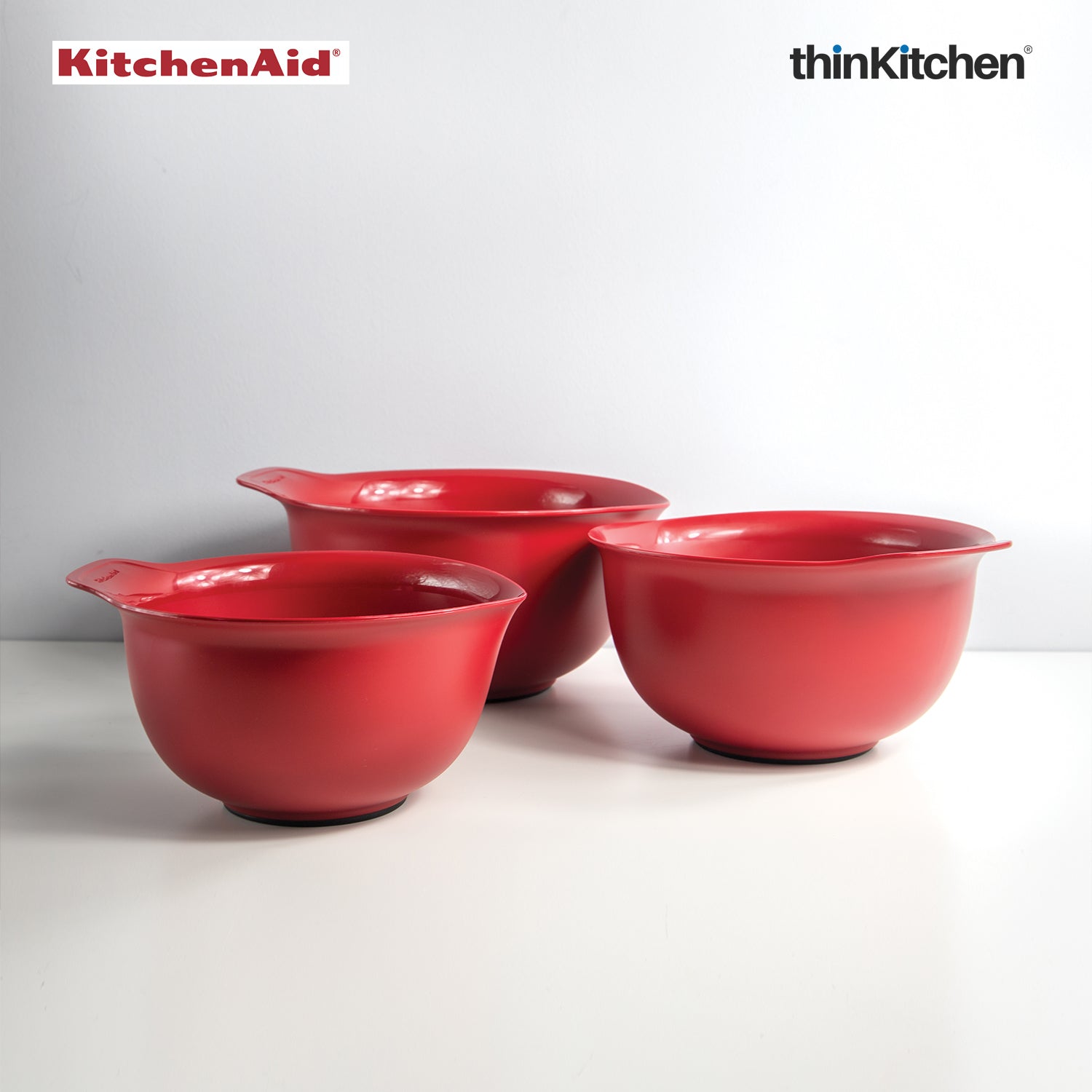 KitchenAid 3 Piece Mixing Bowl Set | Non-Slip Nesting Bowls with Pour Spouts | Microwave & Dishwasher Safe | Empire Red - 1