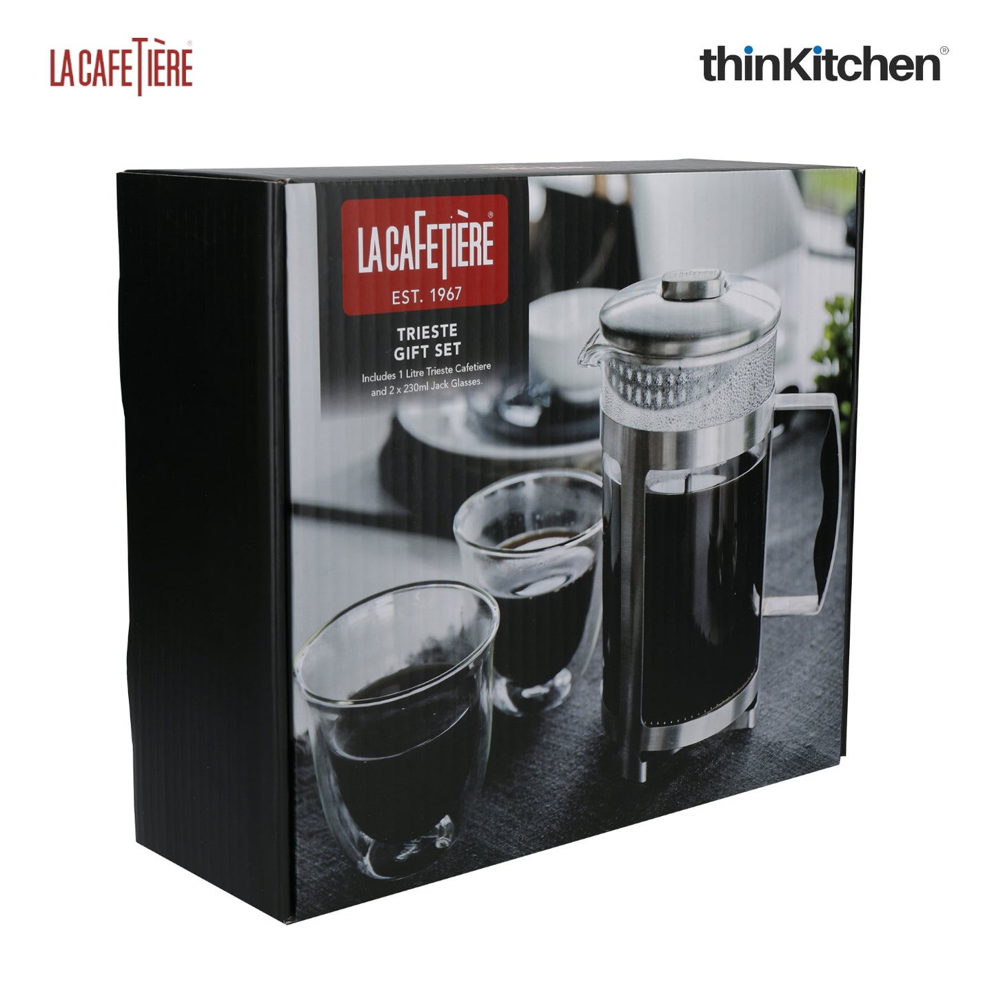 La Cafeti�re Trieste Gift Set, 1 Litre Cafeti�re And Two 230Ml Cappuccino Glasses, Gift Boxed