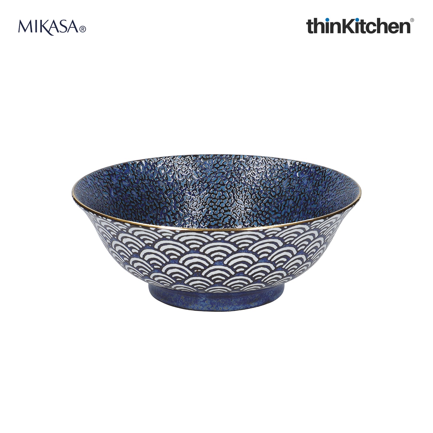 Mikasa Satori Porcelain Serving Bowl 21cm | Premium Japanese Ramen & Rice Bowl with Indigo Blue Seigaiha Design and Gold Detailing