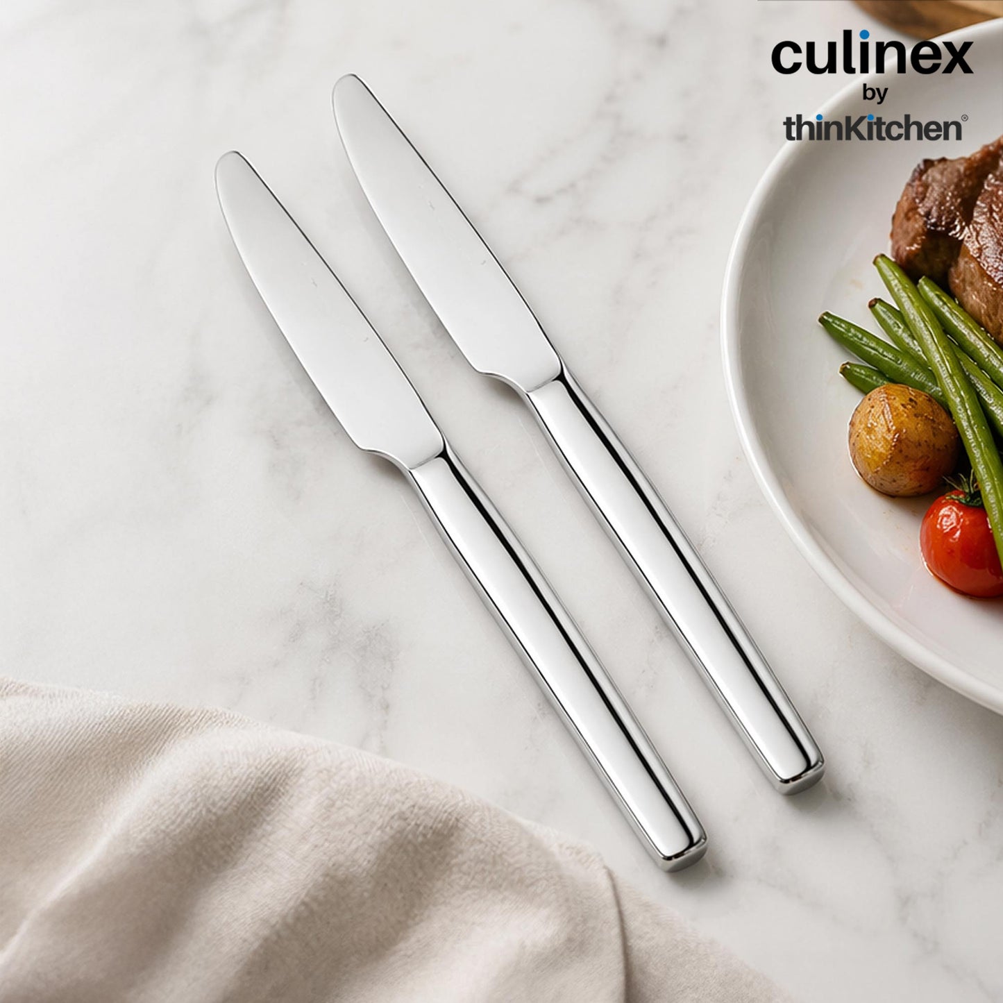 Premium Stainless Steel 8.5" Knife Set of 2 for Dining Table, Kitchen | Rustproof Dinner Knives, Silver Flatware by thinKitchen (Queen)