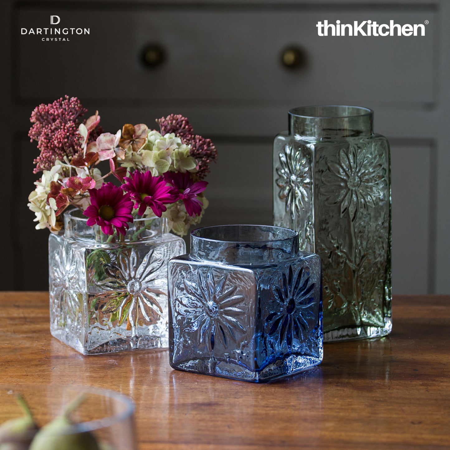 Dartington Crystal Marguerite Ink Blue Square Flower Vase