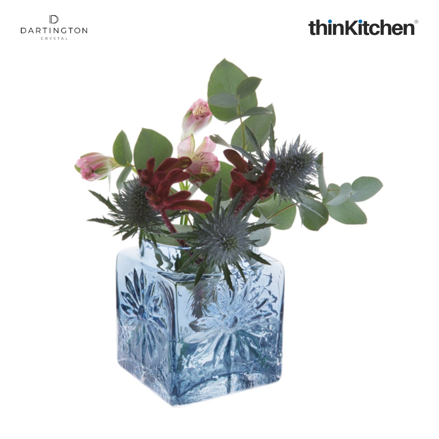 Dartington Crystal Marguerite Ink Blue Square Flower Vase