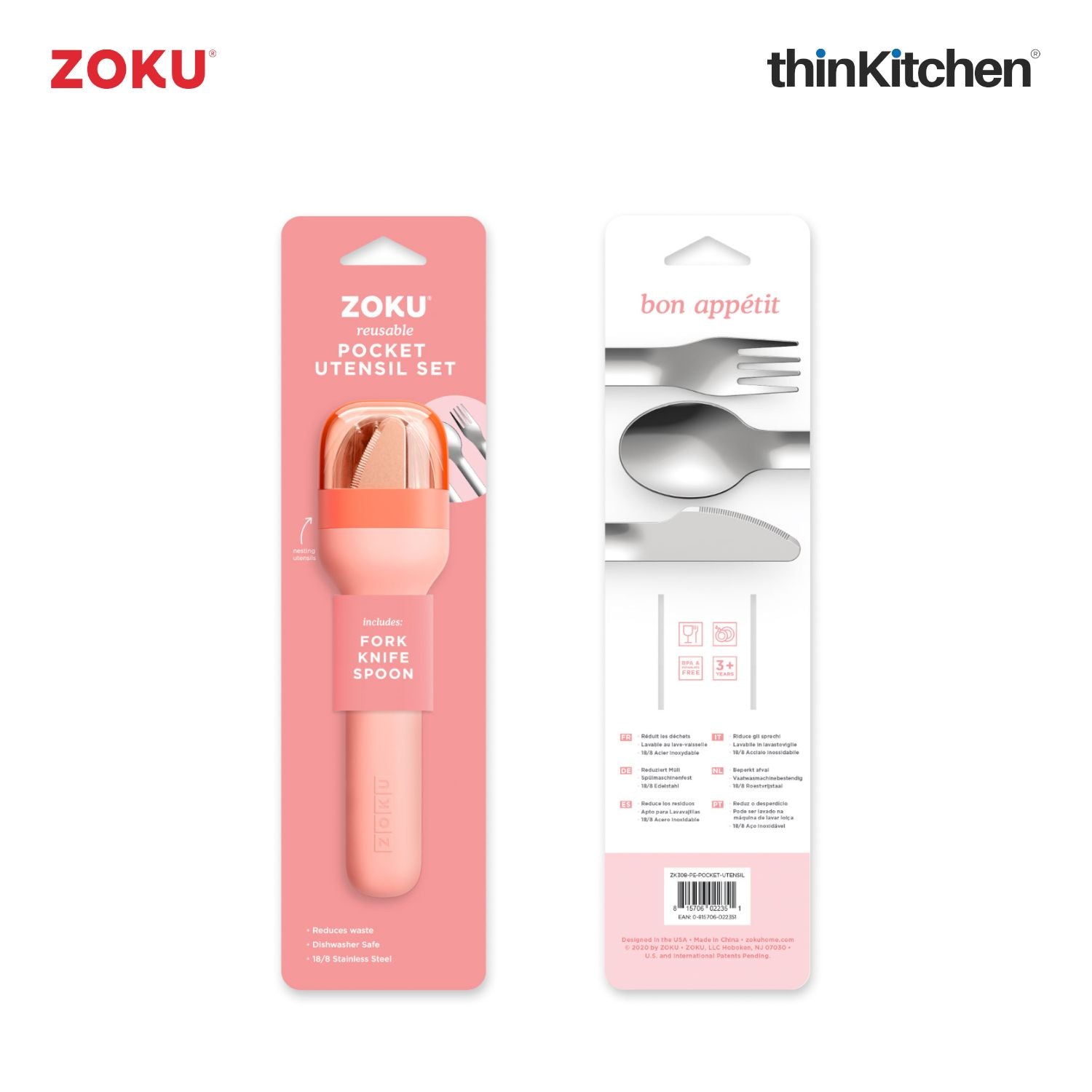 Zoku Stainless Steel Kids Pocket Utnensil Set, Peach - 10