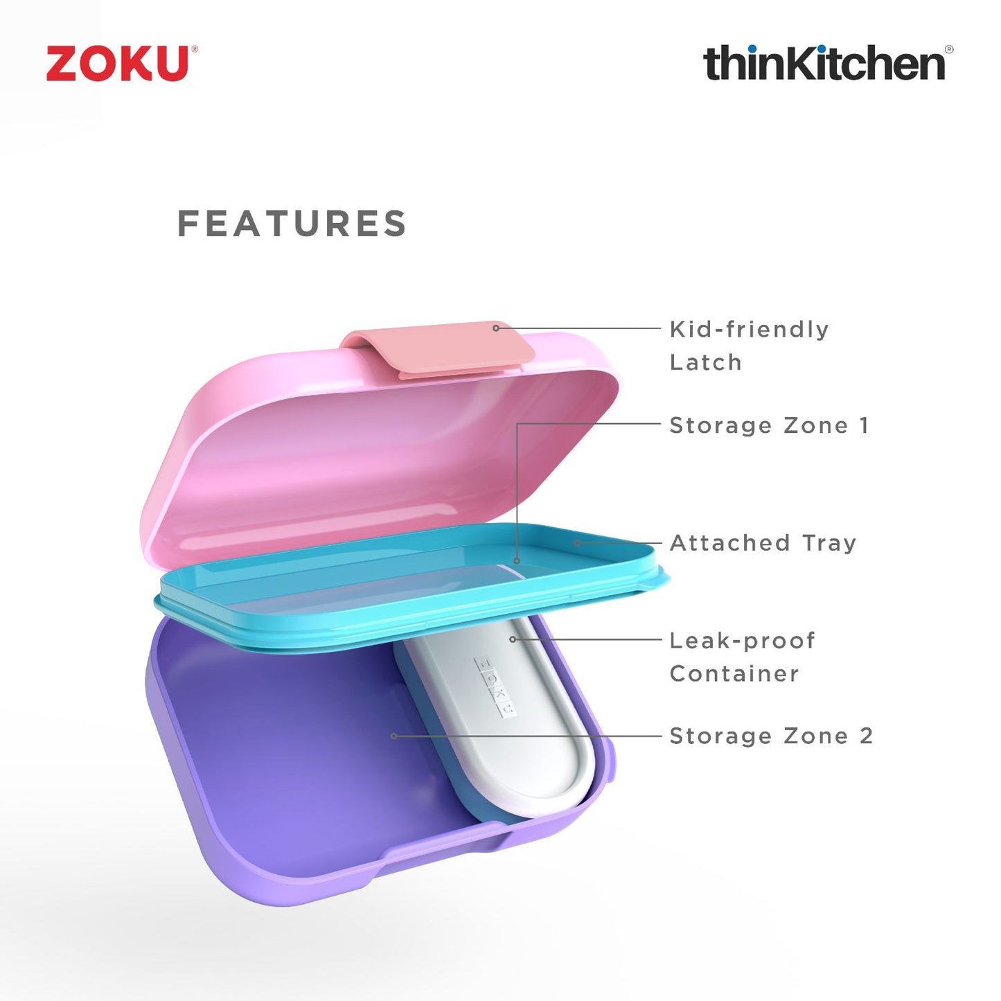 Zoku Neat Bento Jr Kids Lunch Box Pink | Tiffin Box For Kids