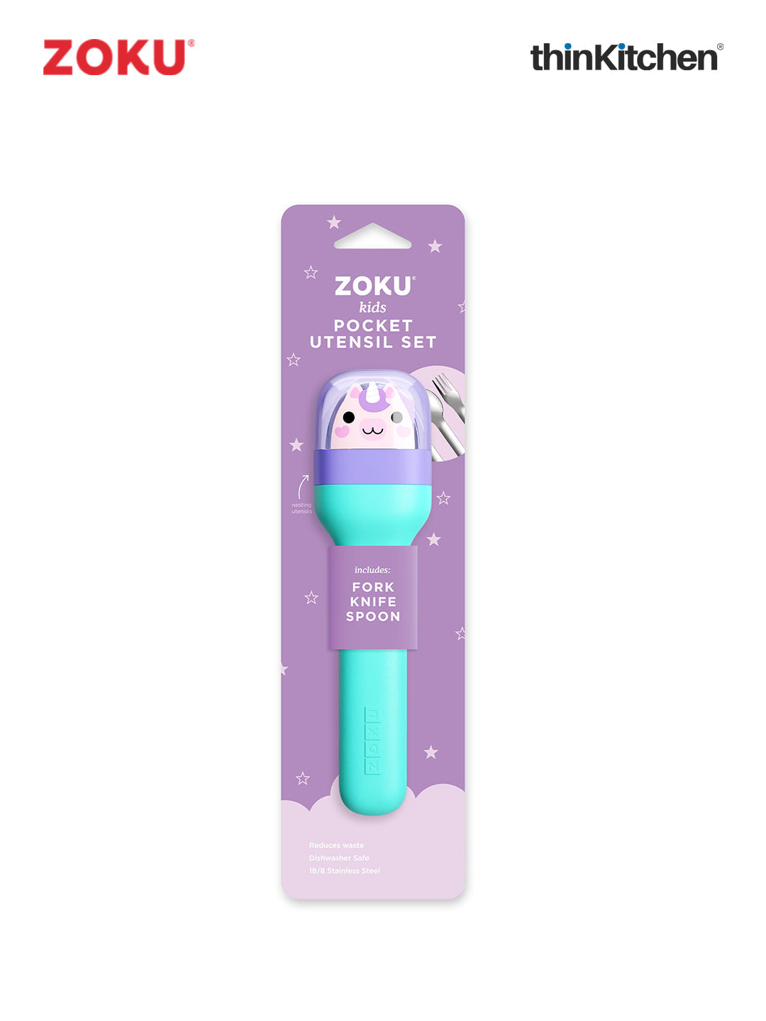 Zoku Stainless Steel Kids Pocket Utensil Sets (Unicorn & Kitty combo sets)