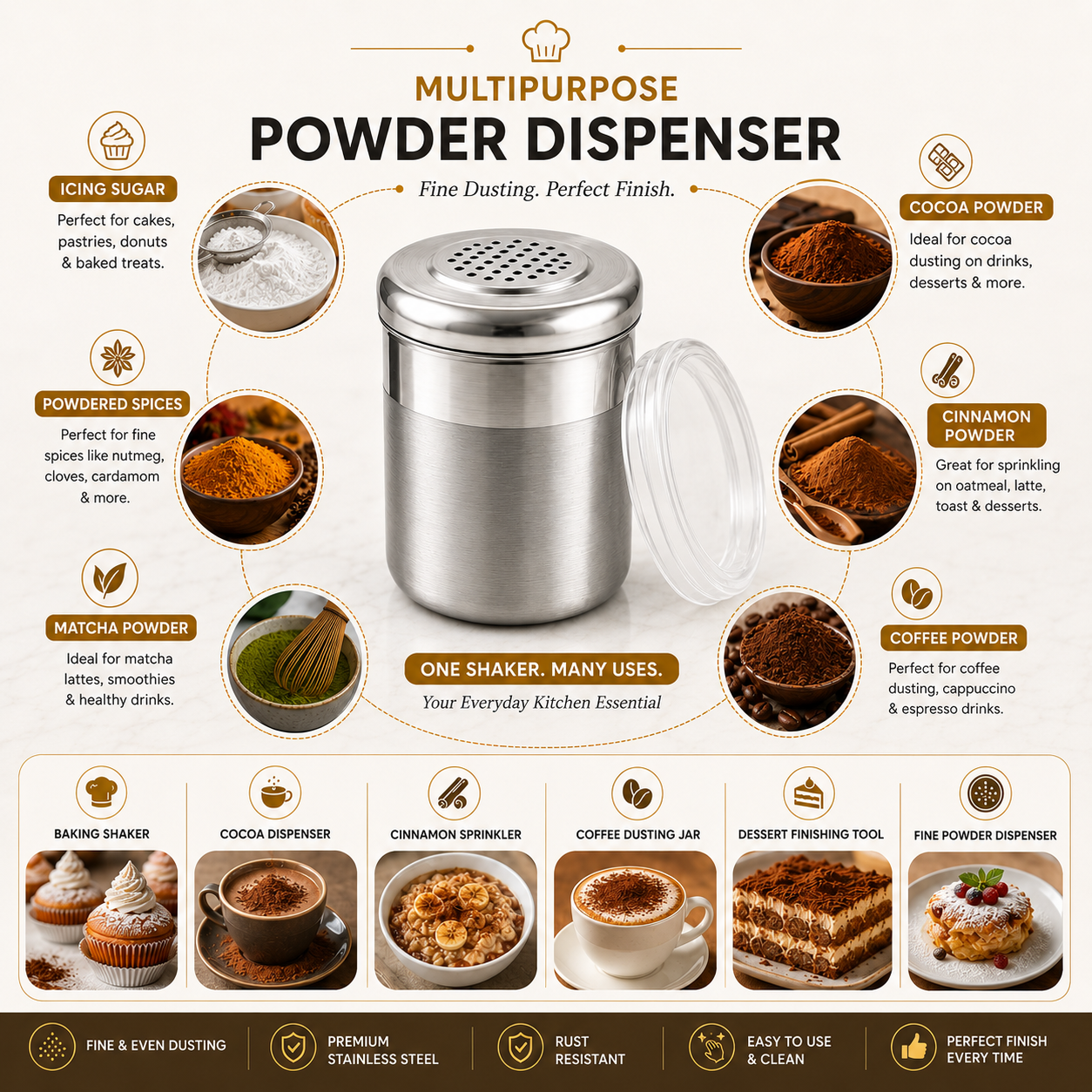 Culinex Stainless Steel Small Portable 120ml Fine Dispenser Shaker for Icing Sugar, Cocoa, Cinnamon, Baking Sprinkler - 6 x 5 cms