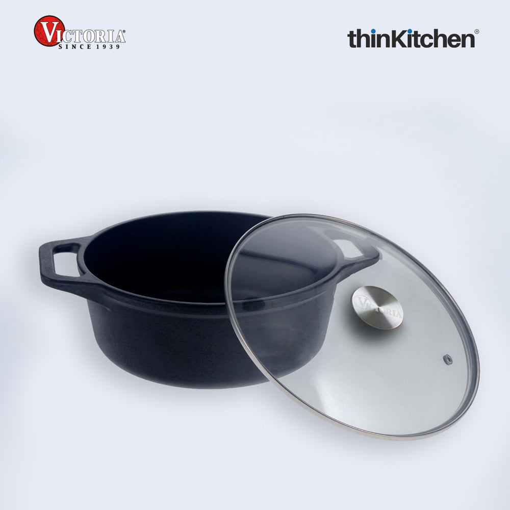 Victoria 3.8 Litre Pre-Seasoned Premium Cast Iron Dutch Oven With Glass Lid For Slow Cooking
