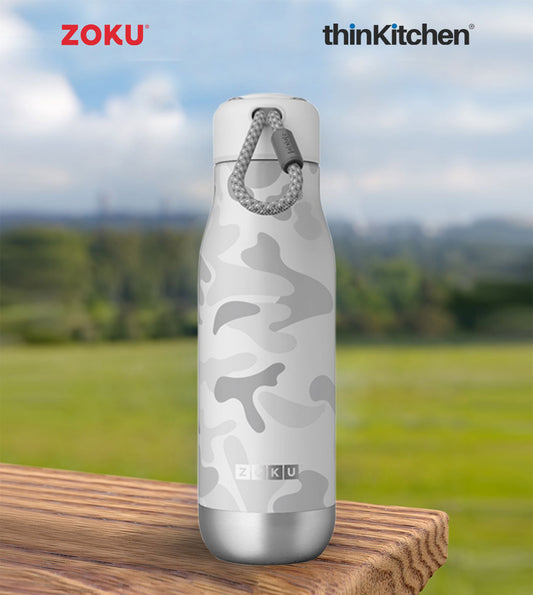 Zoku International Vacuum Insulated Stainless Steel Leak Proof Water Bottle – 500ml, White Camo
