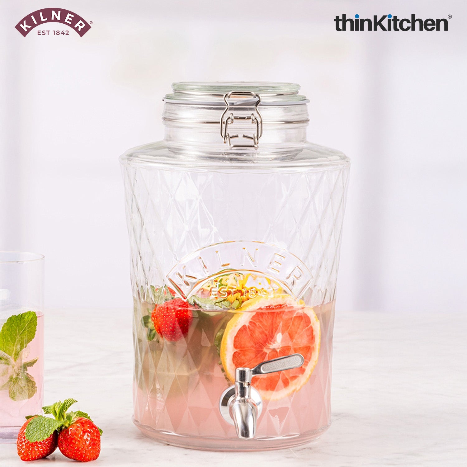 Kilner Premium 5L Airtight Clip Top Glass Drinks Dispenser with Tap for Beer, Detox Water, Juice, Cocktails, Beer, Water Pitcher | Diamond Cut Design, BPA Free, Transparent, Reusable - 1