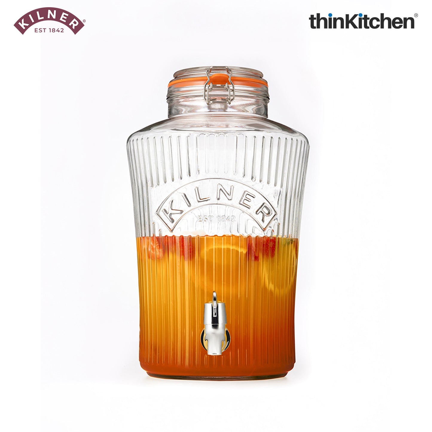 Kilner Premium 5L Airtight Clip Top Glass Drinks Dispenser with Tap for Beer, Detox Water, Juice, Cocktails, Beer, Water Pitcher | Diamond Cut Design, BPA Free, Transparent, Reusable