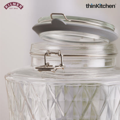 Kilner Premium 5L Airtight Clip Top Glass Drinks Dispenser with Tap for Beer, Detox Water, Juice, Cocktails, Beer, Water Pitcher | Diamond Cut Design, BPA Free, Transparent, Reusable