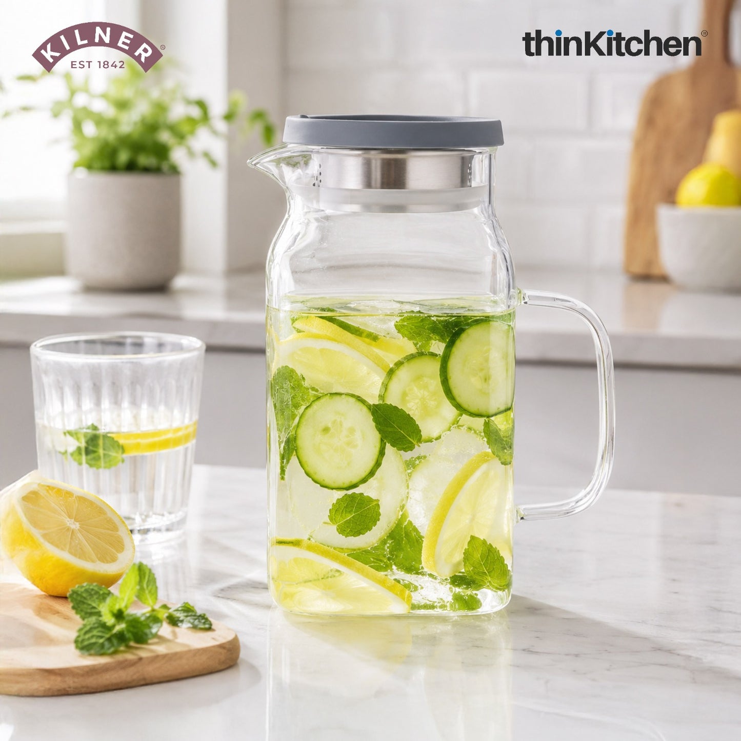 Kilner 1.2L Glass Water Jug with Stainless Steel Lid & Filter