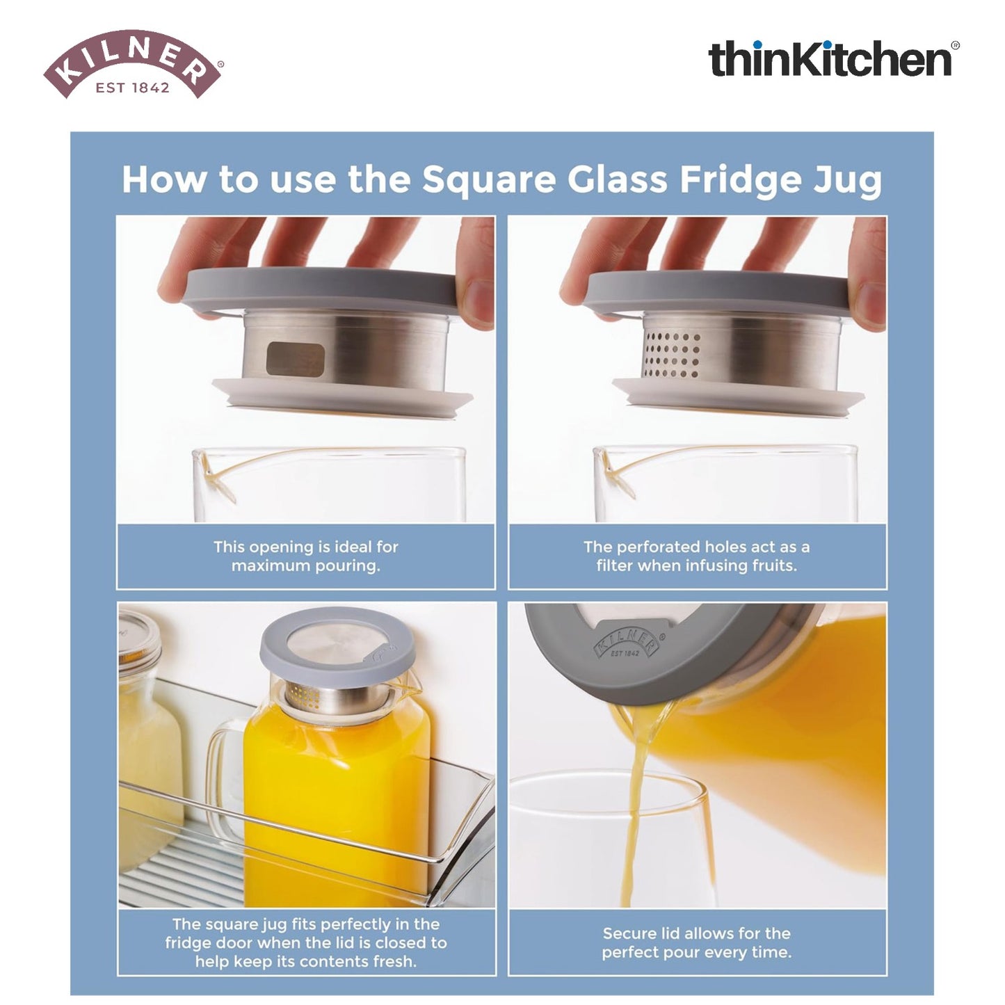 Kilner 1.2L Glass Water Jug with Stainless Steel Lid & Filter