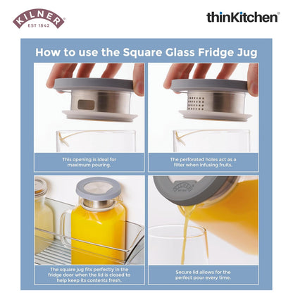 Kilner 1.2L Glass Water Jug with Stainless Steel Lid & Filter