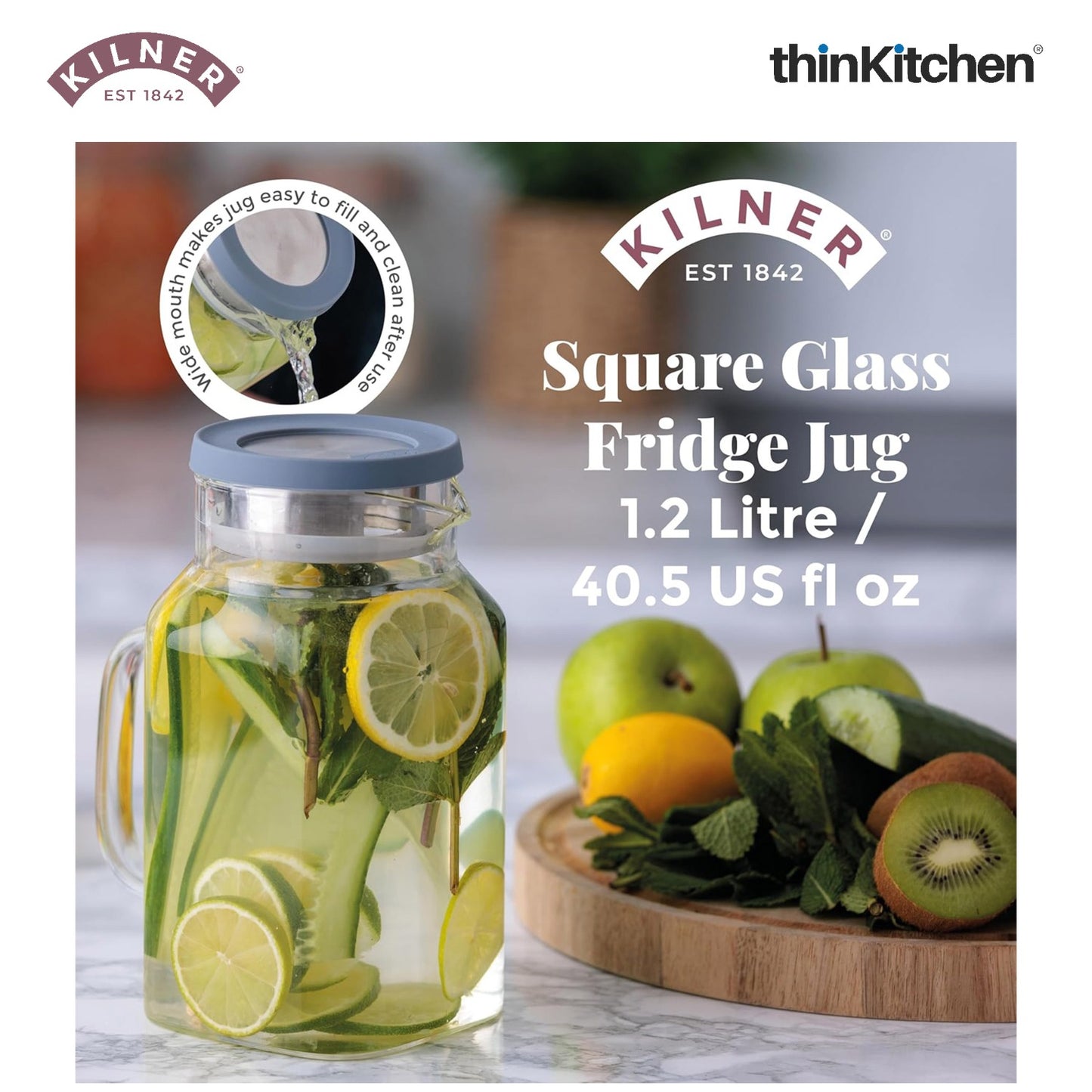 Kilner 1.2L Glass Water Jug with Stainless Steel Lid & Filter