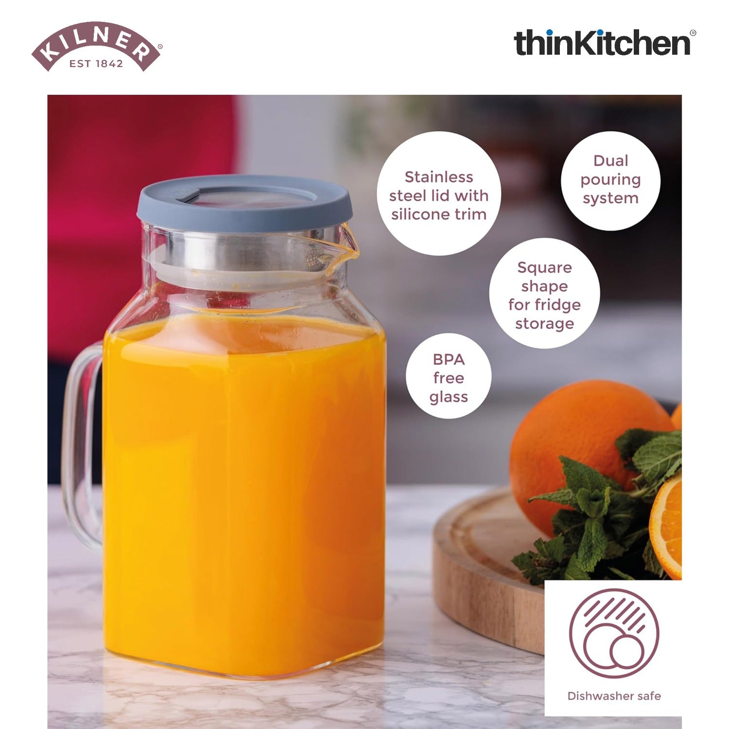 Kilner 1.2L Glass Water Jug with Stainless Steel Lid & Filter - 7