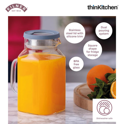 Kilner 1.2L Glass Water Jug with Stainless Steel Lid & Filter