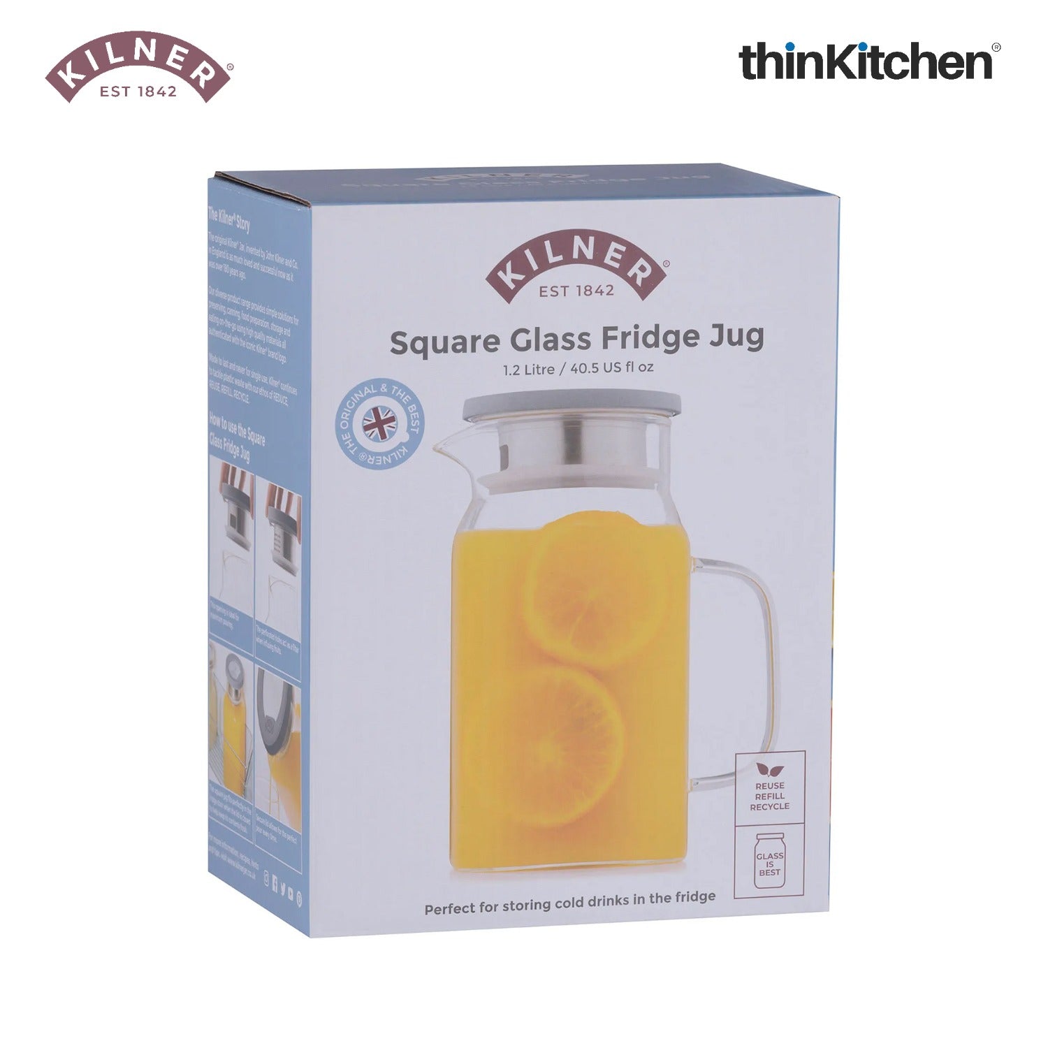 Kilner 1.2L Glass Water Jug with Stainless Steel Lid & Filter - 8