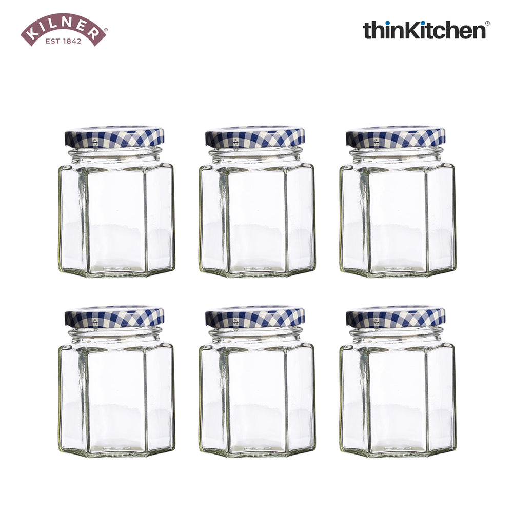 Kilner Premium 6 X 110ml Hexagonal Airtight Twist Top Glass Jar Set for Pickle, Chutneys, Sauces