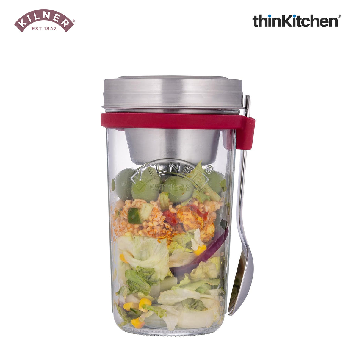 Kilner 500ml Glass Lunch Jar with Spork, Wide Mouth Travel Breakfast Jar for Oats, Meal Prep - 1