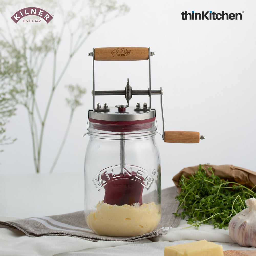 Kilner Premium 1L Airtight Glass Butter Churner for Home Made Butter Making, Whisker Jar for Beating, Blending, Whipping