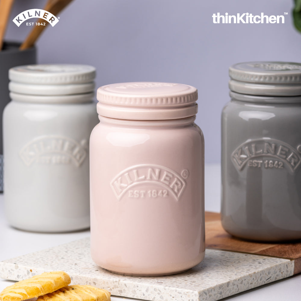 Kilner 600ml Airtight Premium Ceramic Storage Jar with Push Top Lid - Pink for Dry Food, Tea, Coffee, Sugar, Biscuits