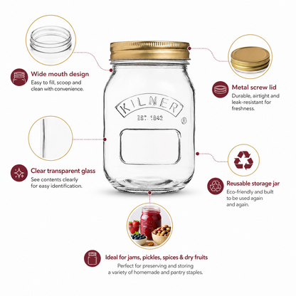Kilner Premium 500ml Round Preserve Glass Jar for Preserving and Storing Jams, Chutneys, Small Pickled Fruits