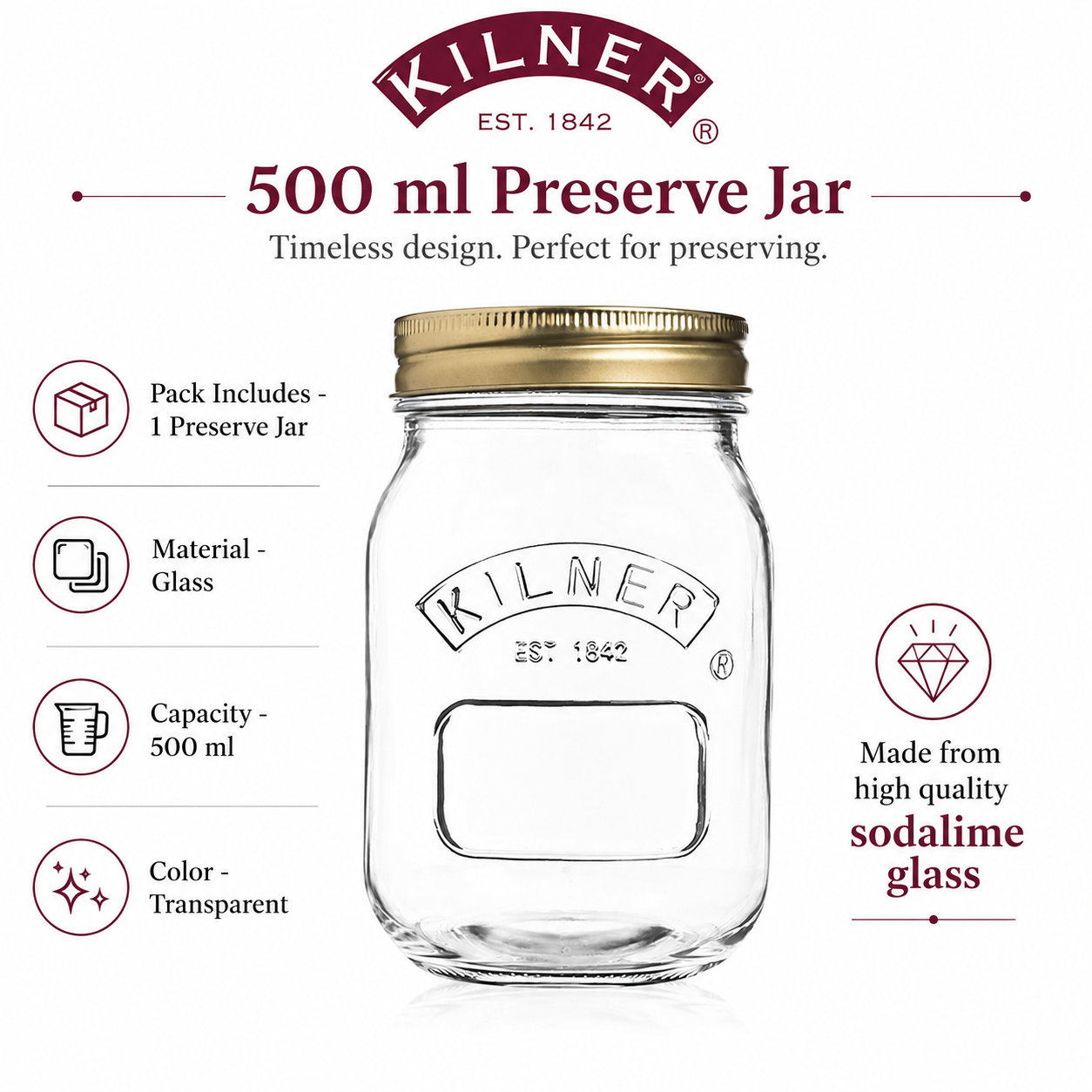 Kilner Premium 500ml Round Preserve Glass Jar for Preserving and Storing Jams, Chutneys, Small Pickled Fruits - 4