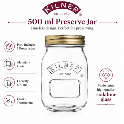 Kilner Premium 500ml Round Preserve Glass Jar for Preserving and Storing Jams, Chutneys, Small Pickled Fruits