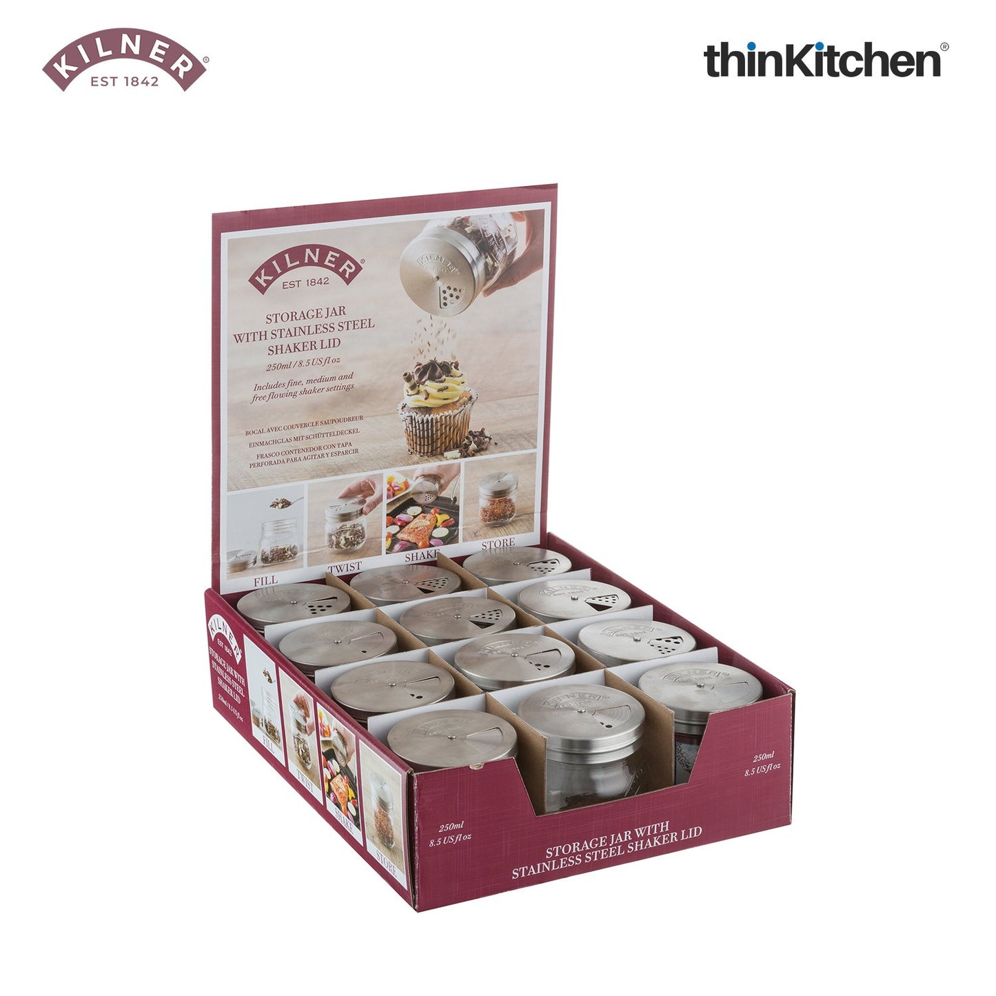 Kilner 250ml Airtight, Leakproof Premium Glass Jar with Stainless Steel Shaker Lid for Spices, Herbs & Sprinkles