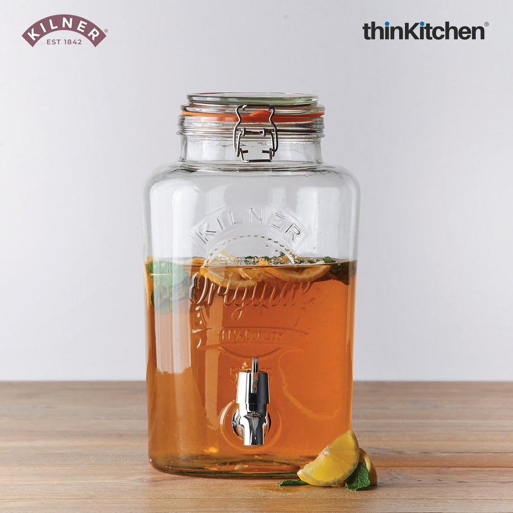 Kilner Premium 5 L Airtight Clip Top Glass Drinks Dispenser with Tap for Beer, Detox Water, Juice, Cocktails, Beer, Water Pitcher