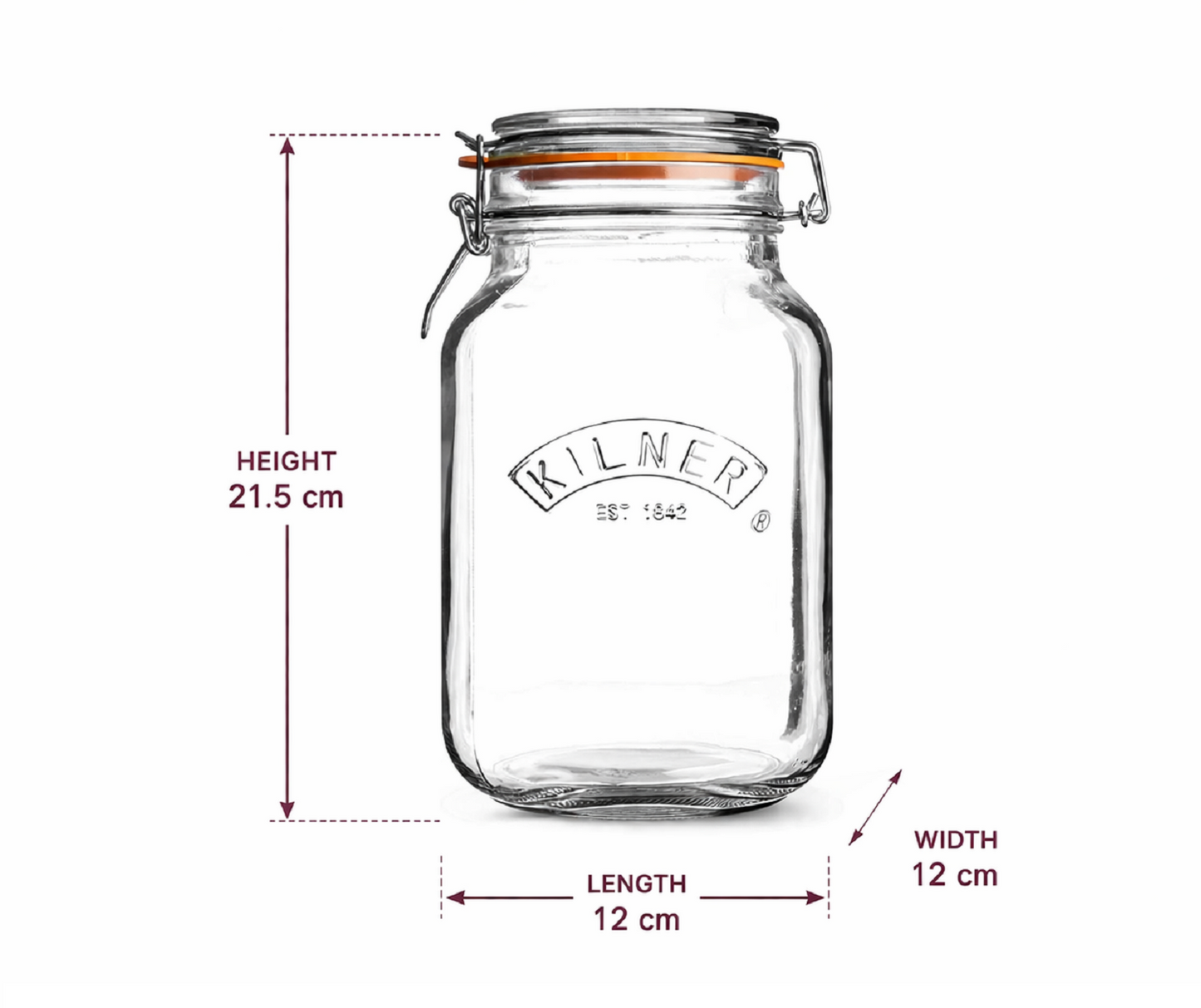 Kilner Premium 2L  Airtight Square Wire Clip Top Glass Jar for Food Storage, Biscuits, Cereals, Pulses