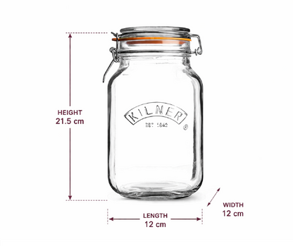 Kilner Premium 2L  Airtight Square Wire Clip Top Glass Jar for Food Storage, Biscuits, Cereals, Pulses