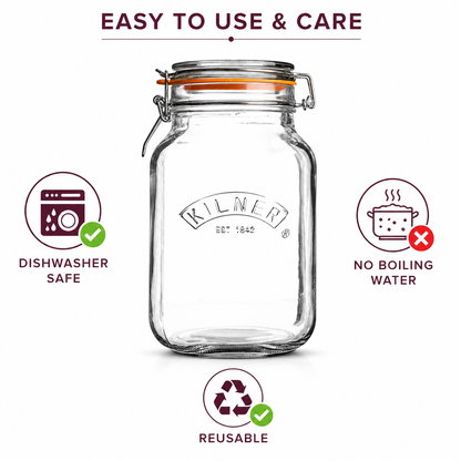 Kilner Premium 2L  Airtight Square Wire Clip Top Glass Jar for Food Storage, Biscuits, Cereals, Pulses