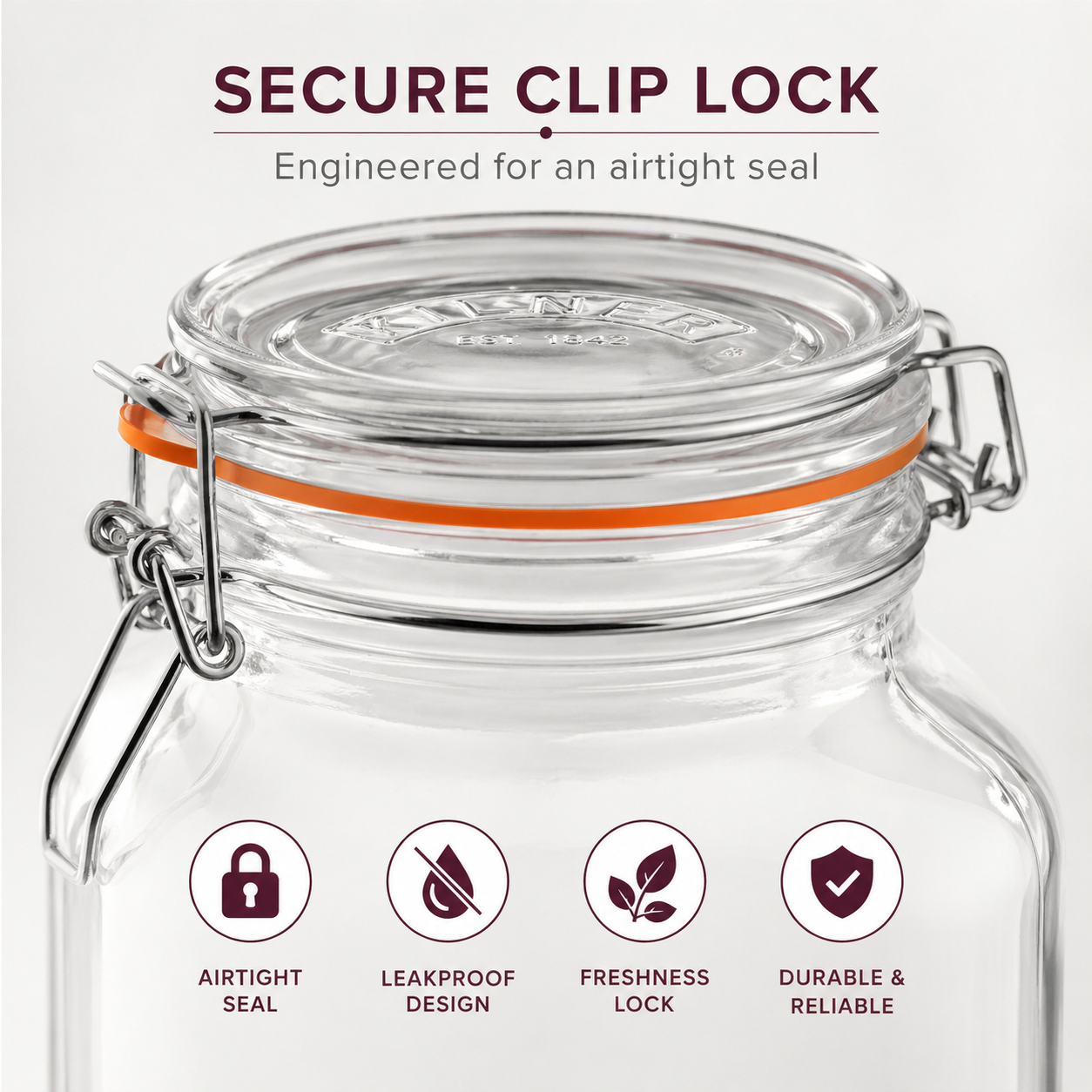 Kilner Premium 2L  Airtight Square Wire Clip Top Glass Jar for Food Storage, Biscuits, Cereals, Pulses
