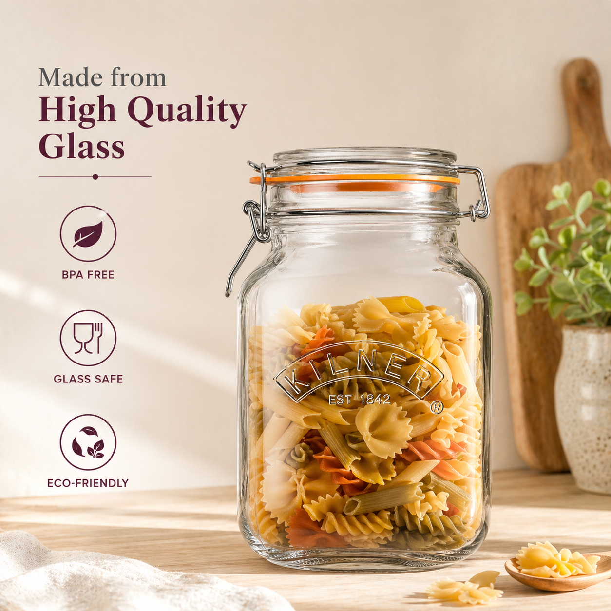 Kilner Premium 2L  Airtight Square Wire Clip Top Glass Jar for Food Storage, Biscuits, Cereals, Pulses