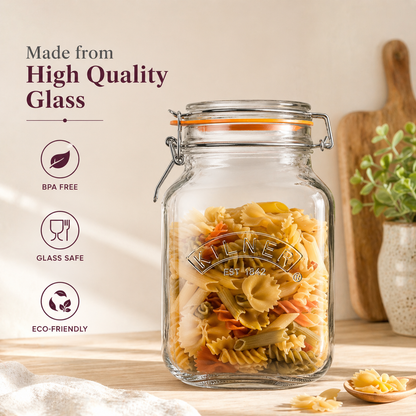 Kilner Premium 2L  Airtight Square Wire Clip Top Glass Jar for Food Storage, Biscuits, Cereals, Pulses