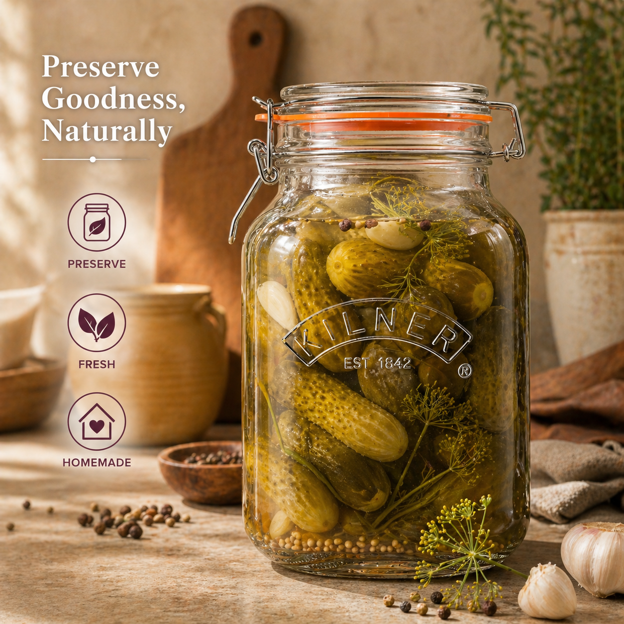 Kilner Premium 2L  Airtight Square Wire Clip Top Glass Jar for Food Storage, Biscuits, Cereals, Pulses