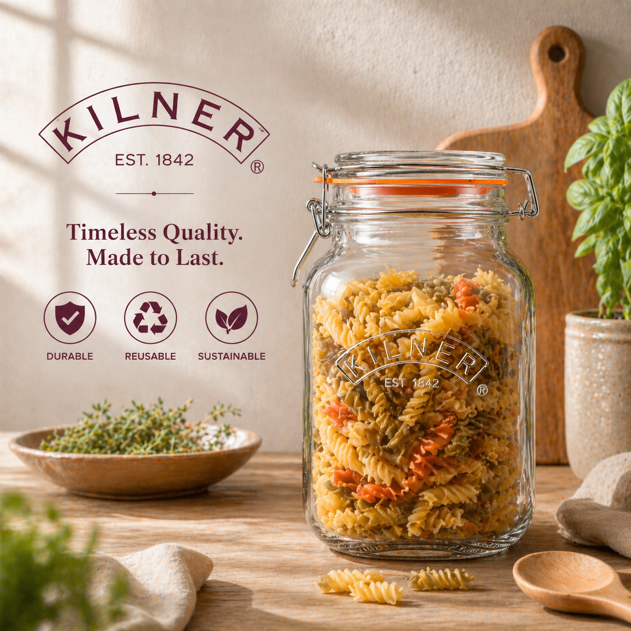 Kilner Premium 2L  Airtight Square Wire Clip Top Glass Jar for Food Storage, Biscuits, Cereals, Pulses