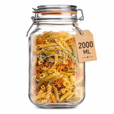 Kilner Premium 2L  Airtight Square Wire Clip Top Glass Jar for Food Storage, Biscuits, Cereals, Pulses