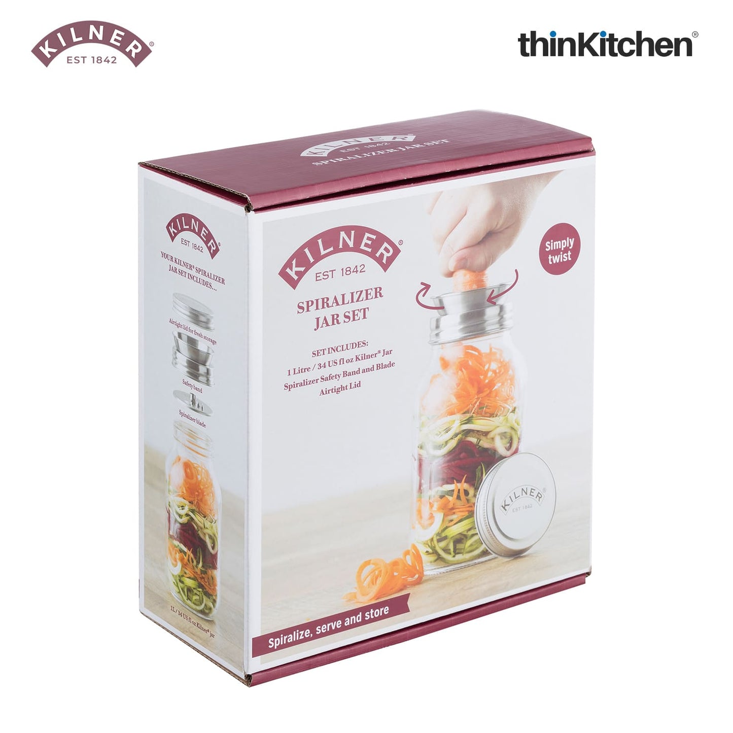 Kilner Spiralizer Set with 1 Litre Jar – Vegetable Spiralizer with Stainless Steel Blade & Storage Lid
