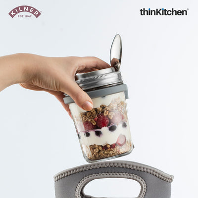 Kilner Premium 350ml Airtight Glass Oatmeal Jar, Overnight Oats Jar, Breakfast Jar with Stainless Steel Spoon | BPA Free, Widemouth, Reusable