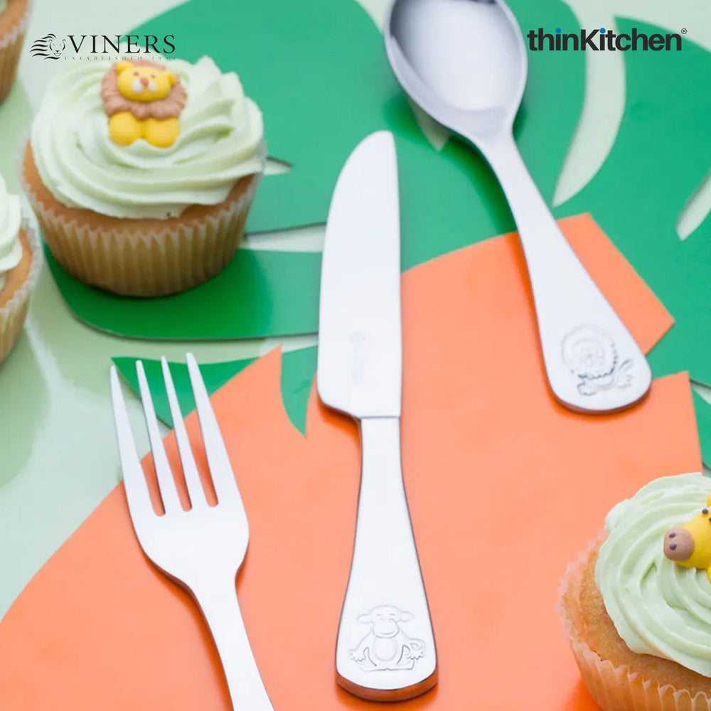 Viners Premium Stainless Steel 4-Piece Kids Cutlery Set for Kids – Jungle | Food Grade Children's Spoon, Fork, Knife, Teaspoon Set in Gift Box