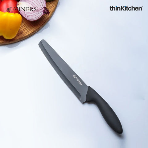 Viners Assure 8” Stainless Steel Chef Soft Grip Handle Safety Kitchen Knife, Black