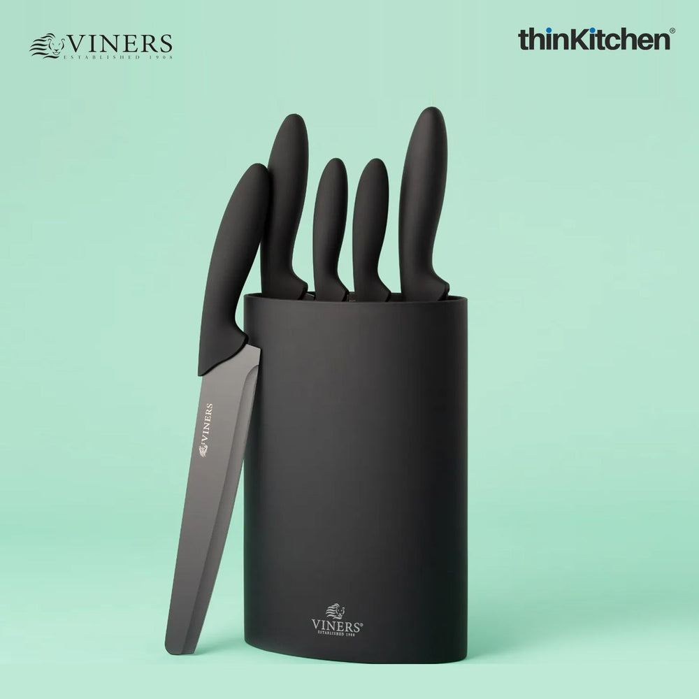 Viners Stainless Steel Kitchen Knife Setof 5 with Holder, Black|Crafted in UK for thinKitchen