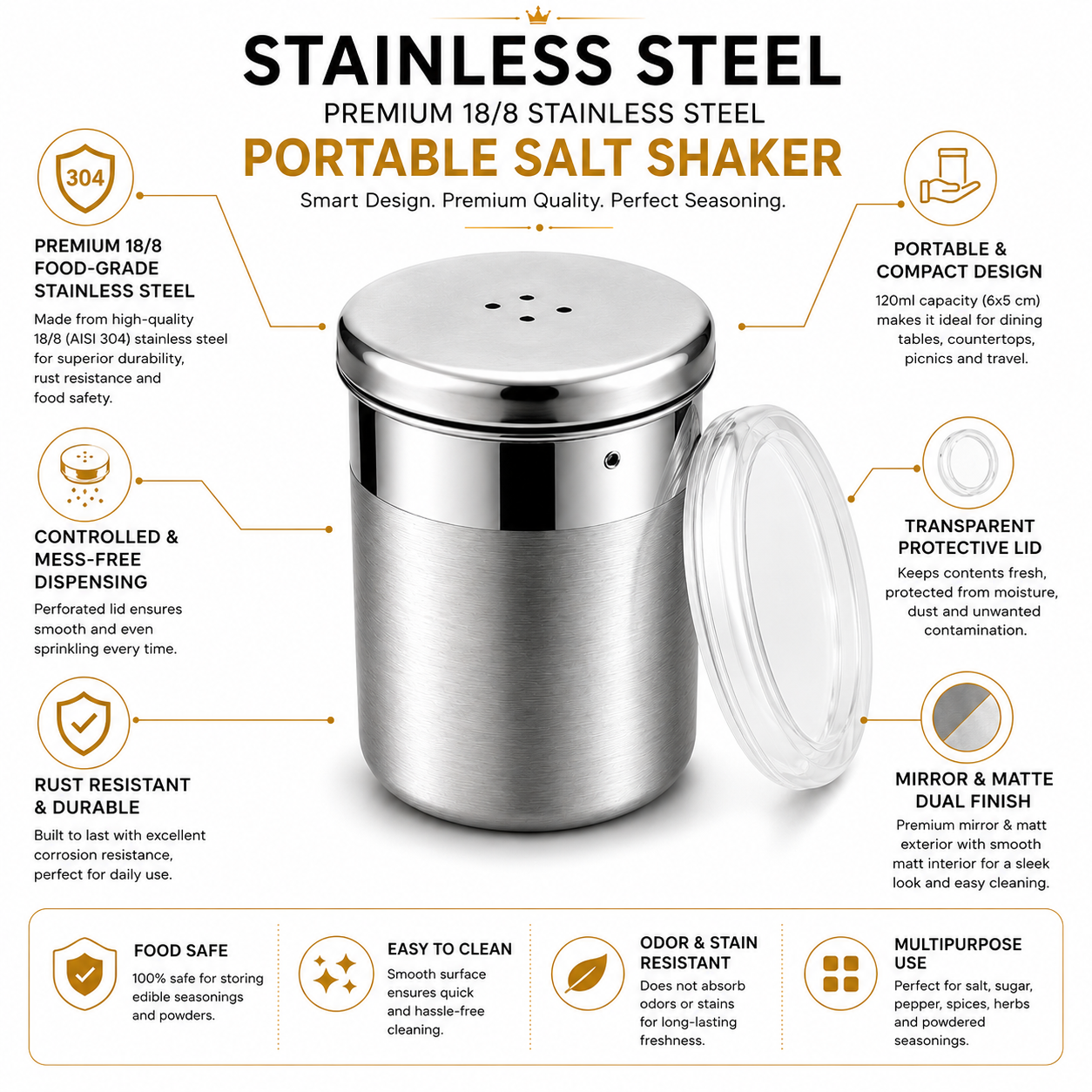 Culinex Stainless Steel Portable Small 120ml Mini Salt Dispenser 6x5 cms for Salt, Powdered Sugar